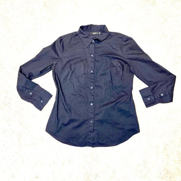 ˚ ༘⋆🛍️APT9 Solid Classic Black Fitted Button Down Collared Career Blouse Top˚👚 - Picture 1 of 6